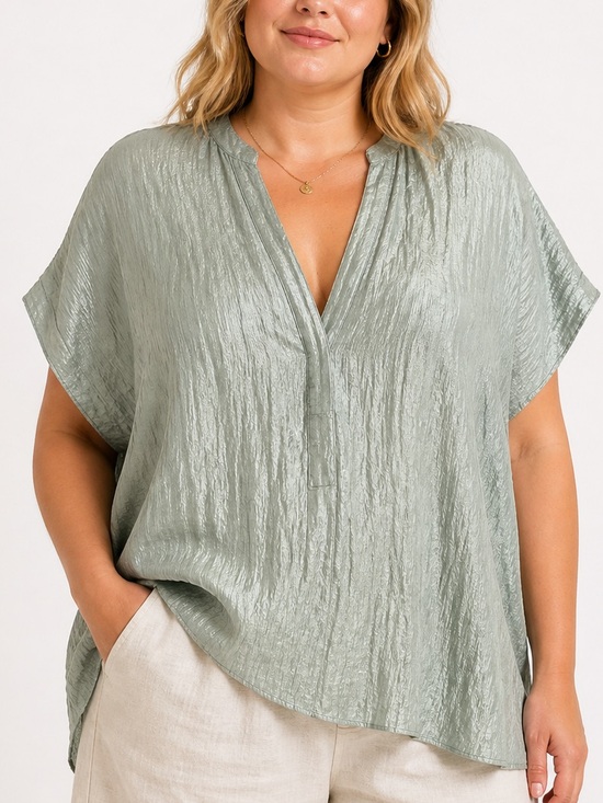 Vince Tops - Vince Sea Stone Crinkle V Neck Popover Top XXL Shimmer Oversized